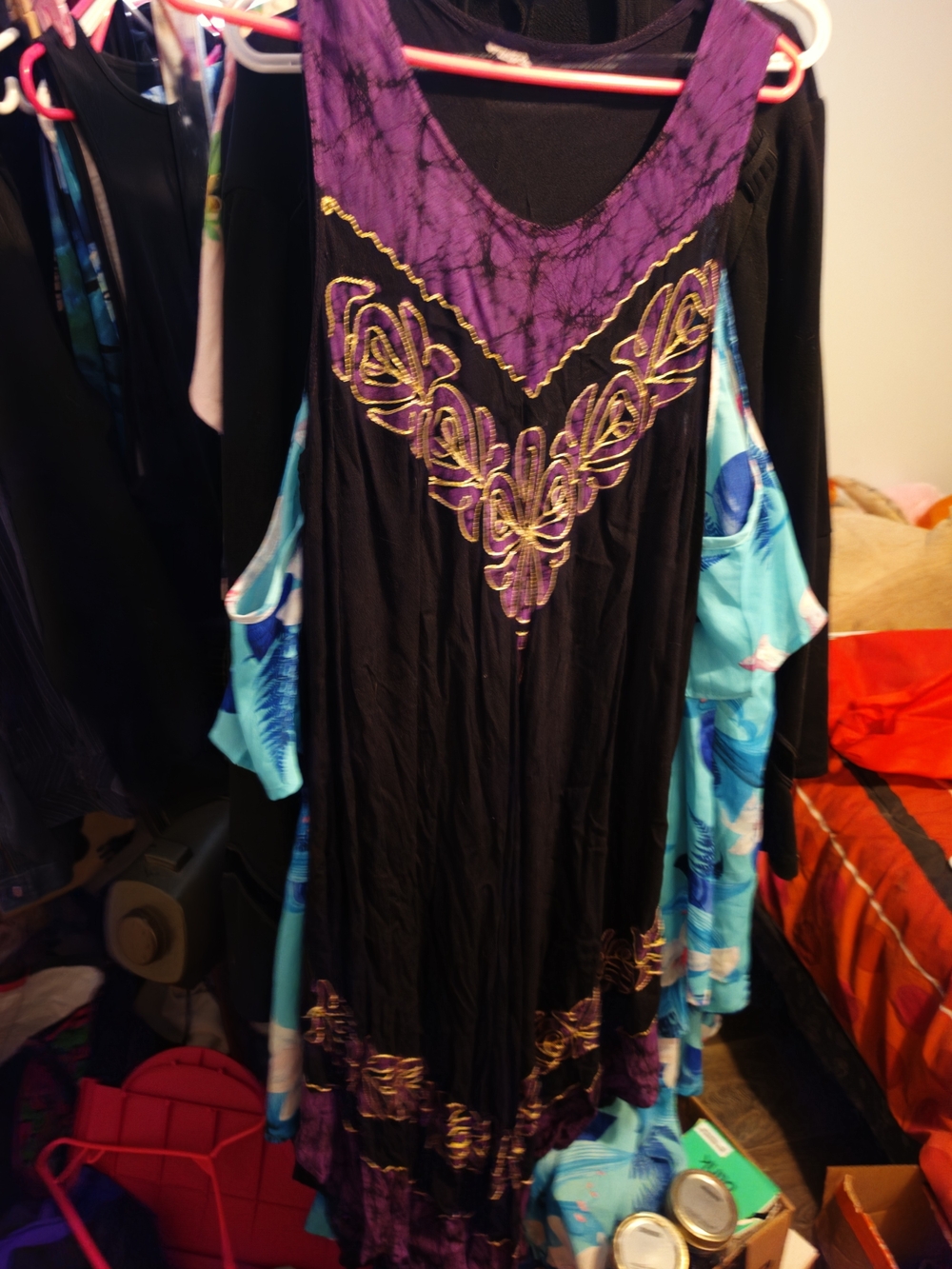 Black and Purple Embroidered V-Neck Boho Dress
